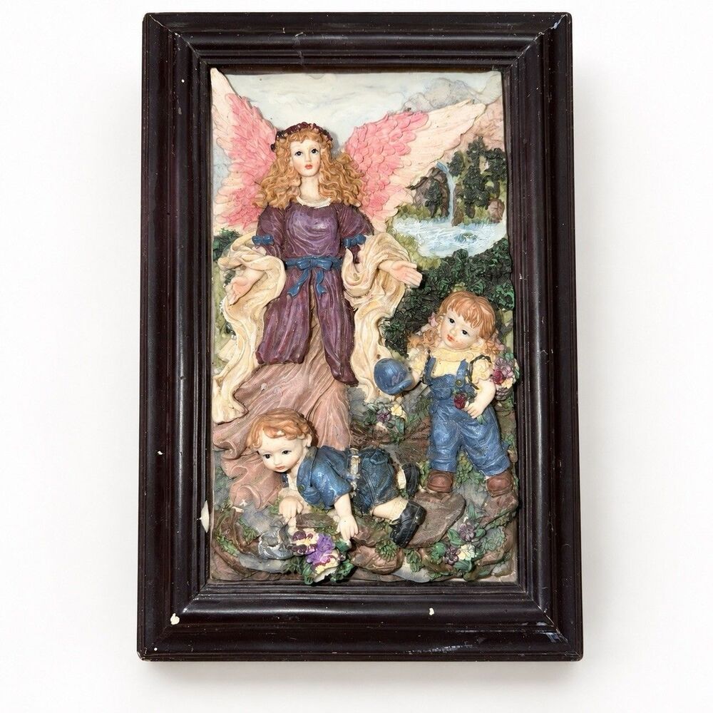 Guardian Angel with Children 3D Resin Wall Plaque Framed Christian Garden Decor